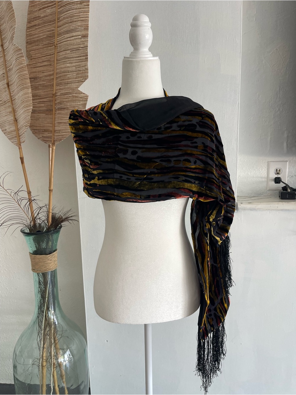 Chico's Black Multicolor Velvet-Striped Fringe Wrap